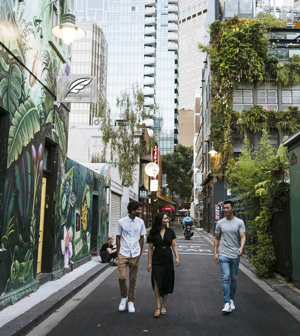 Melbourne laneway with street art and greenery